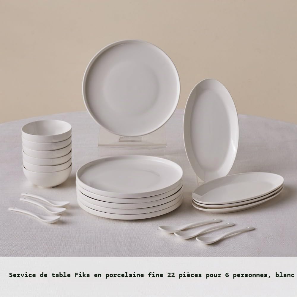 Karaca Forever Bone Fika Service de Table 22 Pièces pour 6 Personnes, Élégant Set de petit-déjeuner, Vaisselle en Porcelaine Fine avec Assiettes, Bols, Plats de Service