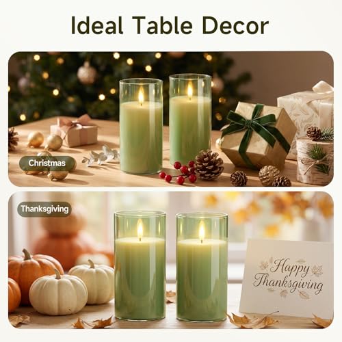 Image of Homemory Sage Green Glass Flameless Candles Battery Operated LED Pillar Candles with Remote and Timer, Real Wax Flickering Candles Home Decor, Wedding, Easter, Farmhouse, Table Centerpieces, Set of 2