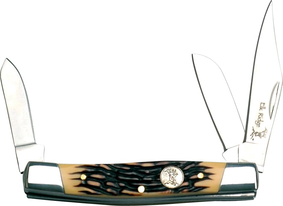 Elk Ridge - Manual Folding Knife - 4-in Closed, 3-in Mirror Finish Stockman Blade, Simulated Bone Handle with Elk Medallion