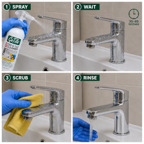 Image of GoTile Pro Tap & Tile Cleaner Spray 500 ml | Hard Water Stain & Limescale Remover | Bathroom Cleaner for Taps, Faucets, Showerheads, Tiles, Grout, Sinks & Bathtubs | Removes Soap Scum