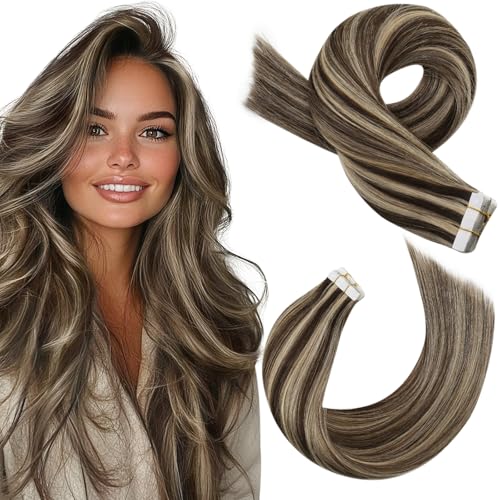 Moresoo Tape in Hair Extensions Human Hair Dark Brown with Caramel Blonde Hair Extensions Tape in Real Human Hair Extensions 24 inch 20 Pieces/50G #P4/27
