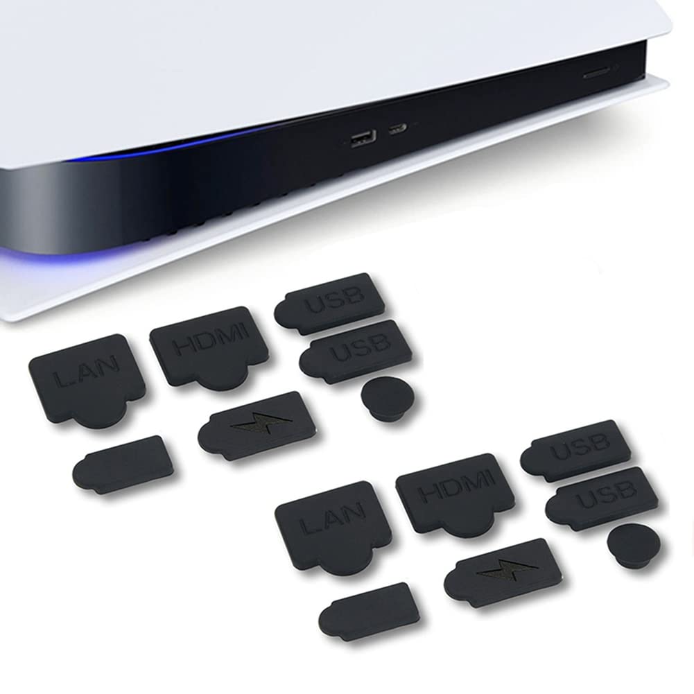 2 Sets of 7 Pieces Silicone Dust Plugs Compatible with Ps5 Digital & Disc Edition Console Dust Cover, USB HDMI Interface Type A/C LAN Port Dustproof Protector Plug - Black(A)