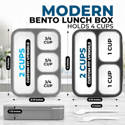 Image of kinsho Bento Box Lunch Boxes for Kids Adults, Meal and Snack Containers School Work Travel, 4 Divided Portion Control Compartments, Japanese Style, BPA Free, Utentils Included (Grey + Black, 2 Pack)
