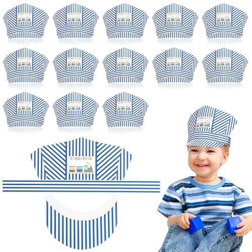 Image of Bonuci 20 Pieces Paper Train Party Hats Train Engineer Hats for Kids Cosplay, Conductor Costume Halloween Blue and White Stripes Themed Party Photo Props