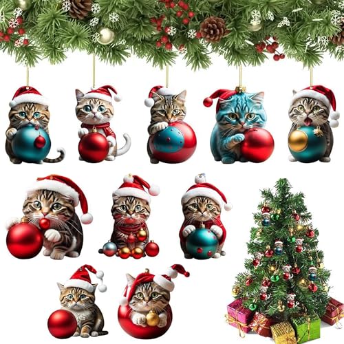 10 Stück Weihnachtsbaum Katzen Anhänger, Niedlicher Acryl Katze...