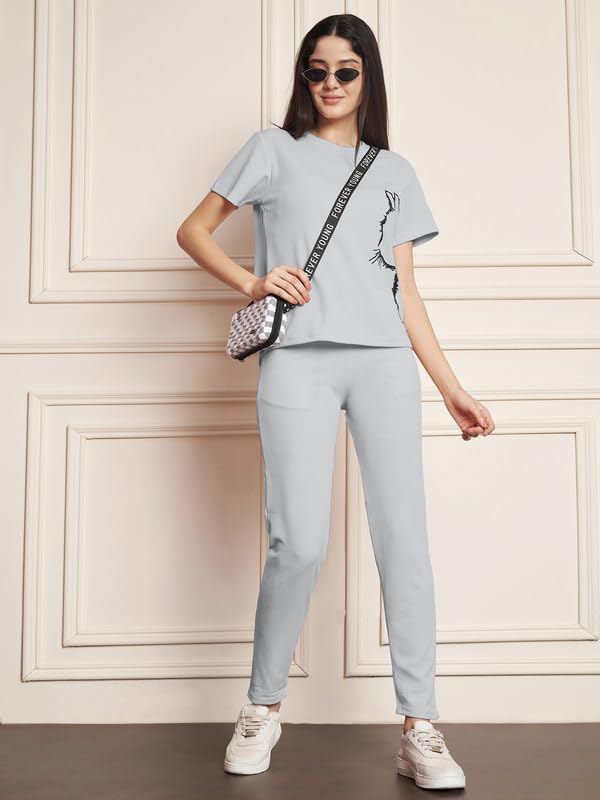Image of DTR FASHION Polyester Blend Cat Sketch Print Tracksuit | Night Wear Suit For Women