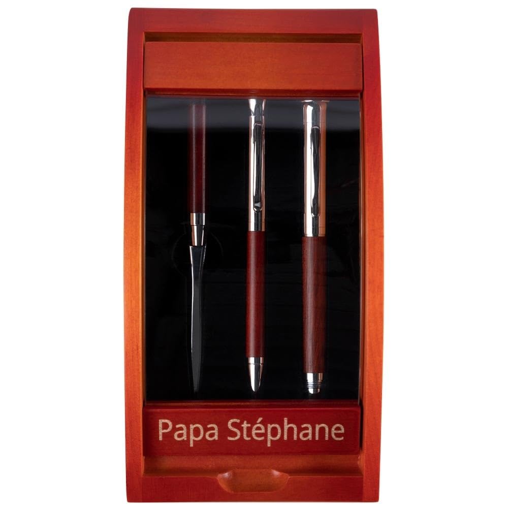 Ocadeau Parure de stylos pour bureau avec gravure - Stylo bille, stylo plume et coupe papier - Coffret en bois à personnaliser avec votre texte gravé