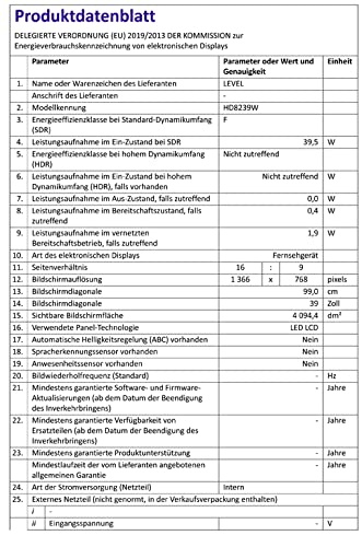 LEVEL TV 39 pollici 99 cm HD8239W WebOS, Smart TV...