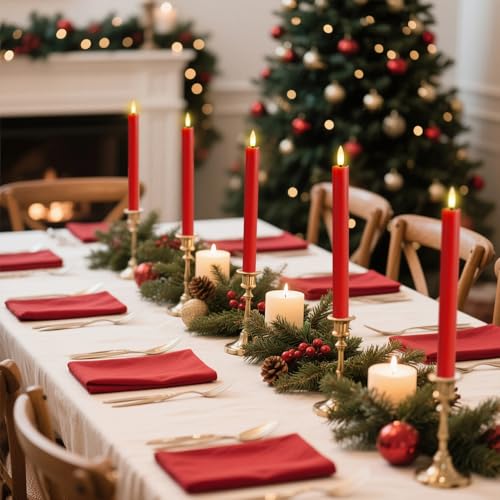 Image of Red Taper Candles Battery Operated, LED Christmas Flameless Taper Candles with Remote Timer, Real Wax LED Flameless Candlesticks for Christmas Home Decor(Set of 3, 0.78 inch x 9.6 inch)