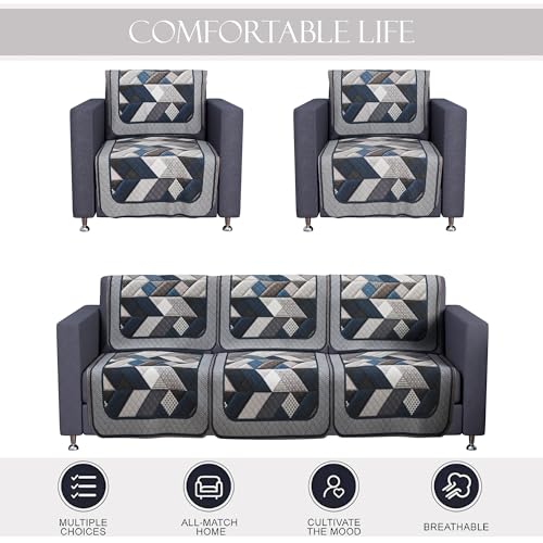 Image of Kuber Industries Set of 10 Velvet Anti-Skid Sofa Cover 5-Seater | Comfortable Slipcover Sofa Cloth & Furniture Protector for Home Decor | Triangular-Grey & Blue