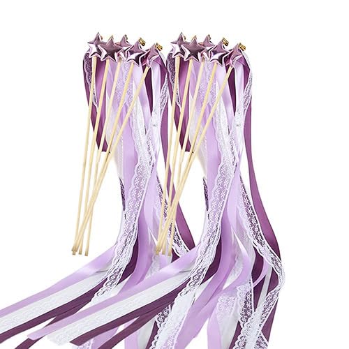 Image of 24 Pack Fairy Wands, Ribbon Lace Fairy Wands with Bells, Decorative Silk Stick with Streamers for Wedding Birthday Party, Pretty Pentagram Ribbon for Girls