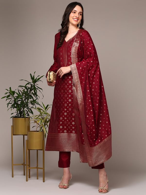 Image of Vaamsi Women's Chanderi Ethnic Motifs Woven Design Straight Kurta Pant With Dupatta With Cotton Inner