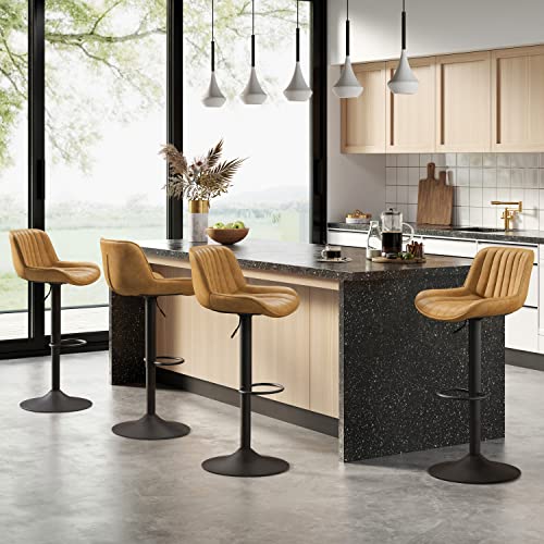 Volans Bar Stools Set Of 4, Mid Century Counter Stools Faux Leather Swivel Adjustable Height, Counter Height Pub Bar Chair With Back, Stools For Kitchen Counter, Black Powder Coated Base, Yellow #TOP4