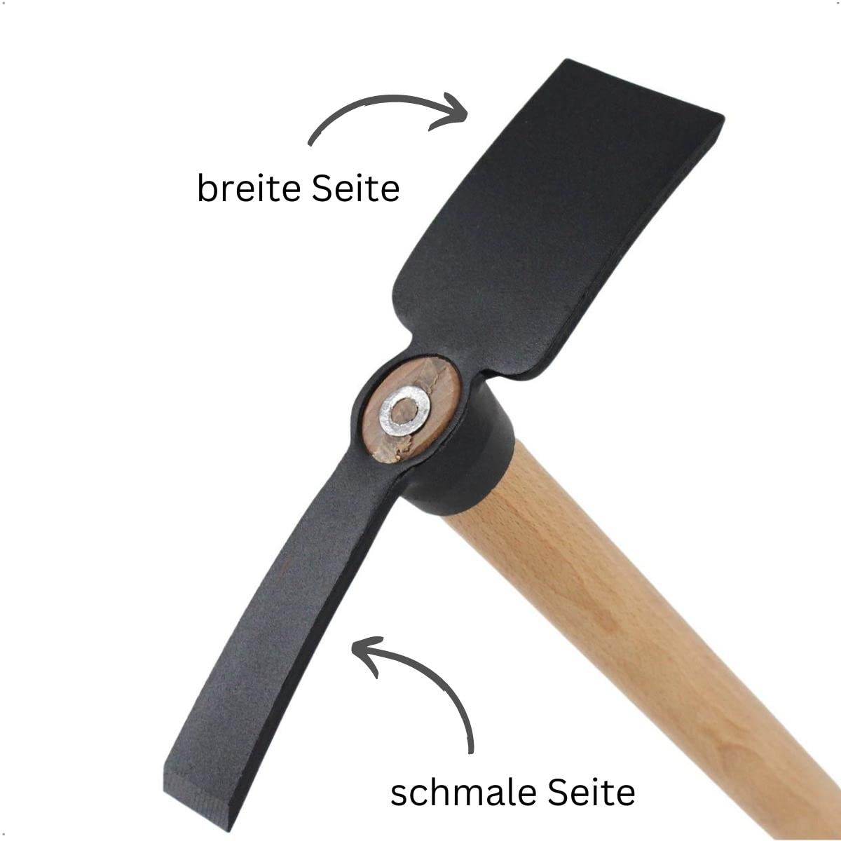 Kleinhacke aus Stahl mit 47 cm Holz-Griff und Aufhängeloch, Gesamtlänge 50 cm, Arbeitsbreite schmales Blatt 2,5 cm; breites Blatt 6 cm - Gartenhacke, Kombihacke, Gartenwerkzeug