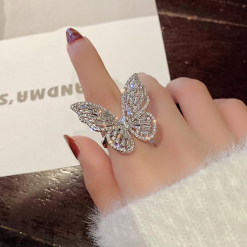 Metmejiao CZ Rings Open Adjustable Hollow Butterflyr White CZ Crystal Butterfly Ring Cubic Zirconia Bow-Knot Knuckle Ring for Women
