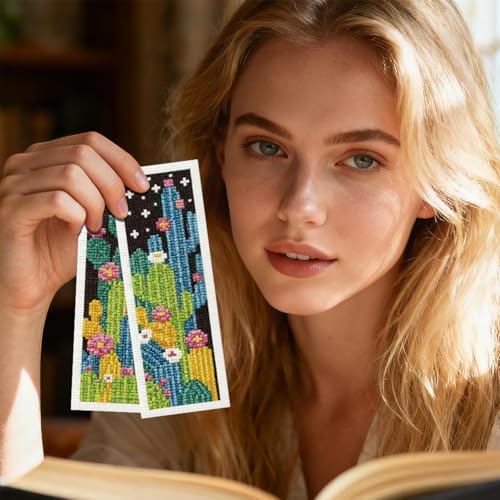 Image of INFUNLY 6pcs Dark Cactus Cross Stitch Bookmark Kit for Beginners DIY Cactus Grove Embroidery Bookmark Kits Night Plants Needlepoint Kit with Instruction Easy Cross Stitch Set for Book Lovers Readers