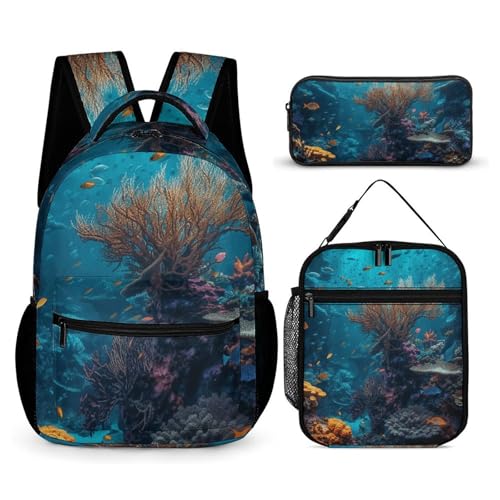 Fish Backpack Set Lightweight Bag Lunch Box Pencil Bags for Women Men Bookbags 3 in 1