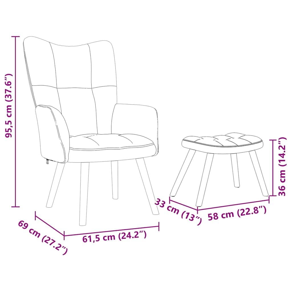 Fotel relaksacyjny z taboretem w kolorze niebieskim, ergonomiczne krzesło wypoczynkowe z podłokietnikami i oparciem, drewniany stelaż metalowy, wysokość siedziska 38 cm, podnóżek jako taboret