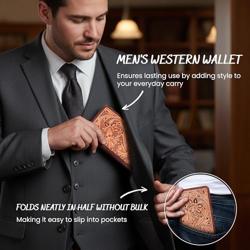 Image of Full-Grain Buffalo Leather Floral Tooled Long Bifold Wallet - Sleek RFID-Blocking Vertical Wallet - Men's Bifold Wallets w / 8 Slots, 2 Long Side Pockets, and Sleeve for Birthday, Christmas, and More