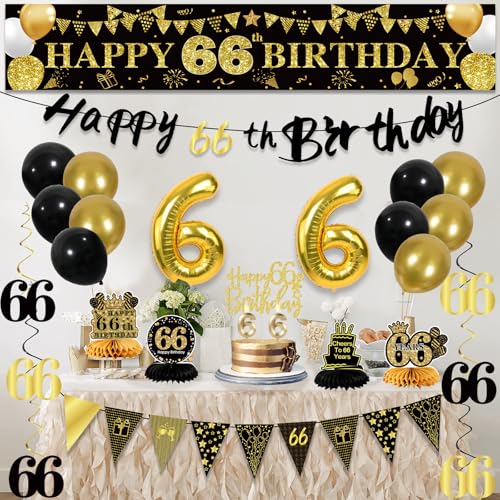 Image of 66th Birthday Decorations for Men, Black Gold 66th Party Decoration Kits | 27pcs Happy 66th Birthday Set, Banner, Honeycomb, Balloons, Gold Number, Candle, Hanging Swirls, Cake Topper, Party Supplies