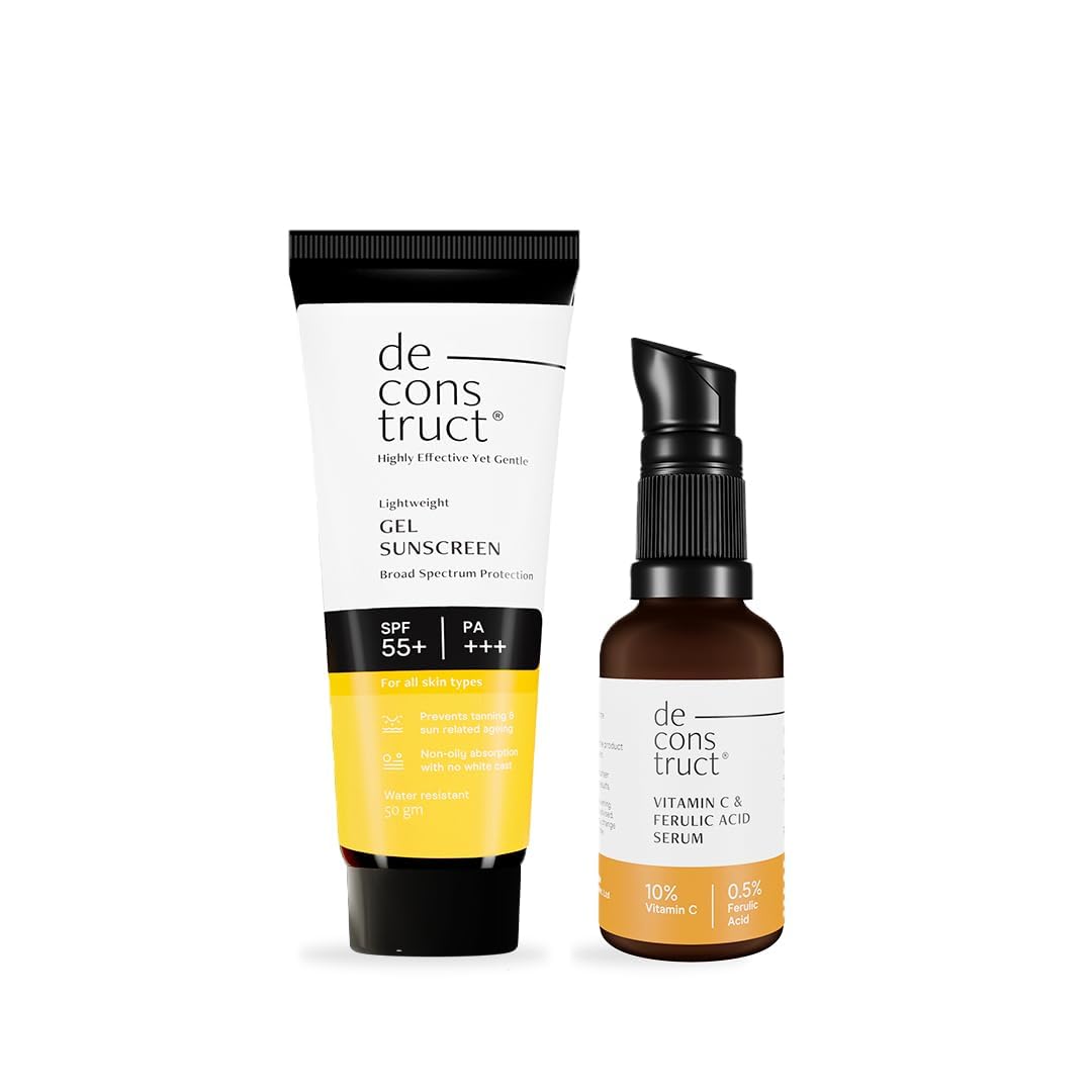 Deconstruct Sun Protect Duo | 10% Vitamin C Face Serum (30 ml) + Gel Sunscreen (50 g) | Get Glowing Skin with Sun Protection | Vitamin C serum For Oily Skin | SPF 50+ | No White Cast, Non Irritating & Lightweight (Pack of 2)