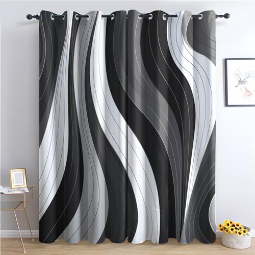 Rideau Occultant Noir et Blanc, Rideau Isolant Thermique pour Salon Chambre, Motif Abstrait, Rideaux Opaque à Oeillets, Lot de 2 Rideaux et Draperies Intérieur...