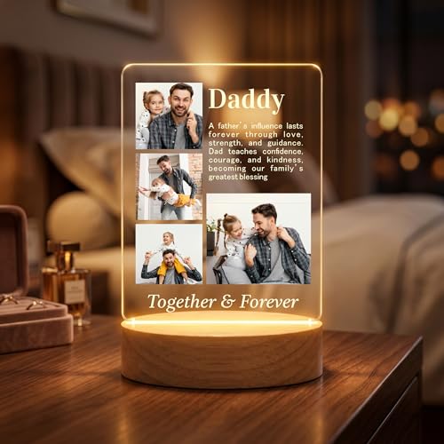 Image of Giftplease Fathers Day Personalized Rectangle Acrylic LED Frame - Custom Photo Wood Stand Tabletop Display with 4 Family Images & Meaningful Quote, Warm Decorative Photo For Dad, Grandpa Birthday
