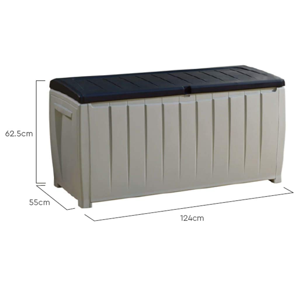 Keter Novel Kissenbox 340L - Wetterfeste Aufbewahrungsbox mit Sitzbank - Gartenbox für Auflagen und Kissen - 124x55x62,5cm Grau/Schwarz