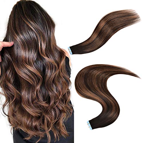 ABCBAOBAO 16 Inch Tape in Hair Extensions Human Hair 20pcs 50g Natural black mixed chestnut brown Ombre Color Silky Straight Remy Tape Glue in Hair Extensions with 12 Pieces Replacement Tape #1b/6/1b