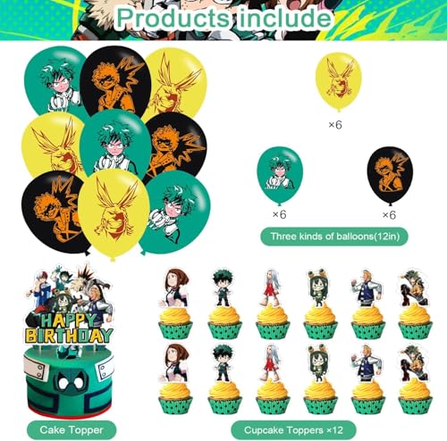 Image of OUDINI Academia of My Hero Birthday Party Backdrop, Decoration, Banner, Photo Backgrounds Props - 5ft x 3ft, Yellow, Cotton, Polyester, Includes 18 Pcs Balloons & Cupcake Toppers