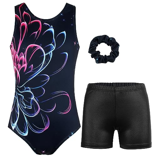 Image of MODAFANS Leotards for Girls Gymnastics with Shorts Dance unitards Tumbling Biketards with Hair Scrunchie for3-13T