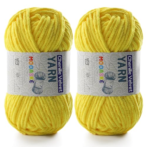 Image of Mooaske Chenille Yarn for Crocheting - Soft Blanket Yarn - 50g /1.76oz, 60m /65yard (Yellow)