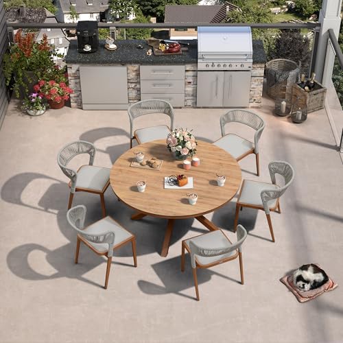 PURPLE LEAF 7 Pieces Round Patio Dining Set Outdoor Furniture with Rattan Chairs for Lawn Garden Backyard Aluminum Table Sets Deep Teak Outdoor Set