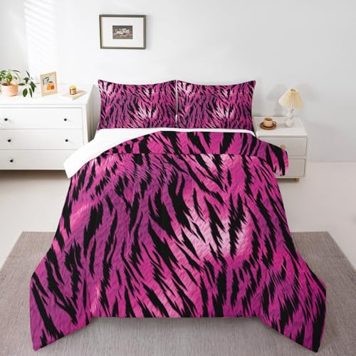 Image of Feelyou Zebra Stripe Comforter Set King Kids Boys Girls Hot Pink Zebra Bedding Set Wild Animal Bedding Set Skin Fur Print Duvet Set 3Pcs