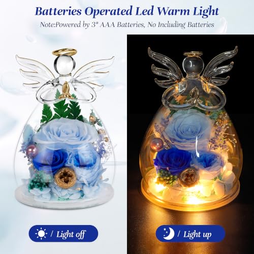 Image of encavy Birthday Gifts for Women,Fresh Flowers for Delivery,Preserved Rose Flowers in Angel Figurines,Light Up Blue Angel Real Rainbow Roses for Mom Grandma Wife Her Girlfriend Anniversary