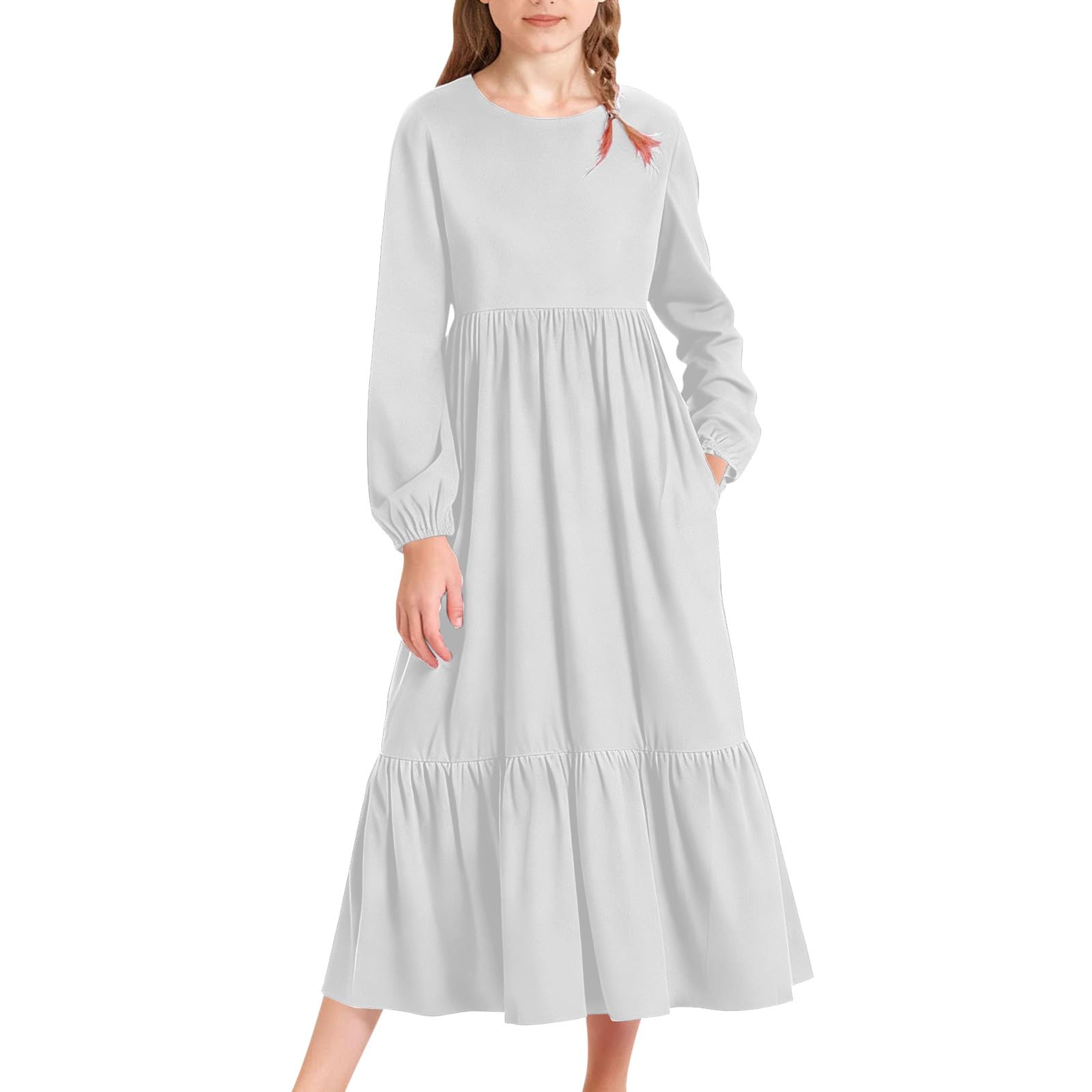 Vestito da ragazza a maniche lunghe casual per vacanze fluide maxi abito a strati con tasche per bambini scollo rotondo morbido comfort spiaggia abiti boho