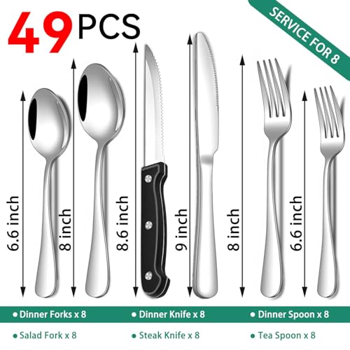 49-Piece Stainless Steel Silverware Set with Cutlery Organizer, Service for 8 with Steak Knives and Kitchen Utensils
