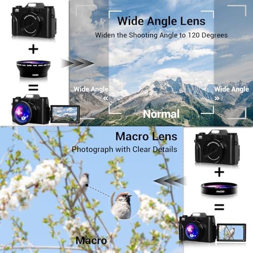 Vlogging Camera, 4K 48MP Digital Vlogging Camera with 180° Flip Screen, 16X Digital Zoom, Wide Angle Lens, 2 Batteries & 64GB Micro SD Card (Black)