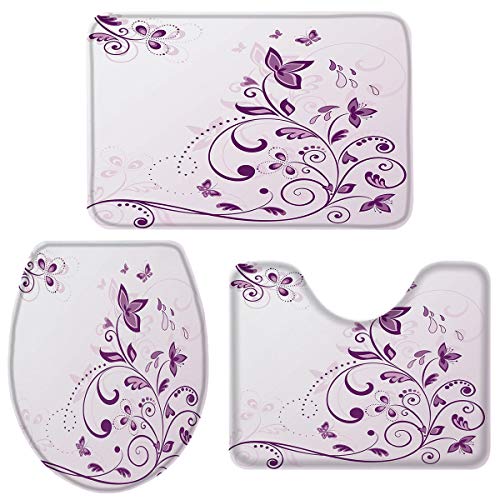 Greaben 3 Pieces Bathroom Rugs Set, Cute Purple Violet with Butterfly Pattern Absorbent Bath Rug Sets with Non-Slip Bathroom Mat Set and Rugs, Toilet Lid Cover, 20"x31"+16"x18"+16"x20"