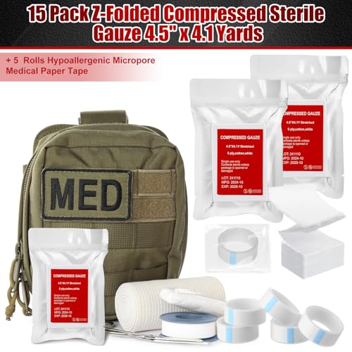 Image of Threlaco 10 Pcs Z-Folded Compressed Sterile Gauze 4.5 inch x 4.1 Yards Combat Gauze Trauma Pad 6-ply 100% Cotton for Emergency Wound Dressing, First Aid Ifak Supplies Trauma Kit