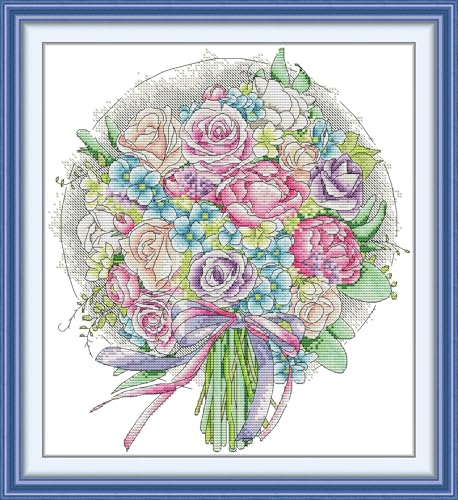 Image of CaptainCrafts Cross Stitch Kits for Adults Counted Cross Stitch Unprinted Fabrics Needlework Craft Home Decor (Counted 14CT, Purple Rose Bouquet)