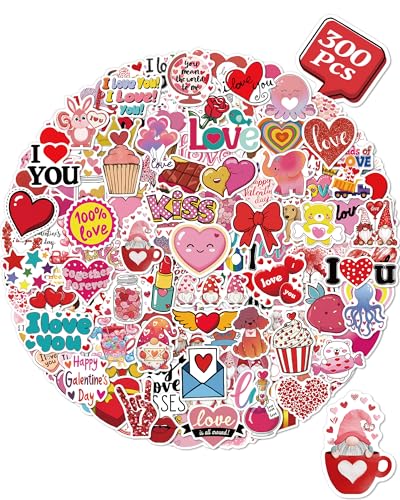 Benresive 300 Pcs Valentines Day Stickers for Kids - Bulk Valentines Day Crafts Party Favors, Goody Bag Stuffers, Waterproof Vinyl Laptop & Water Bottle Stickers