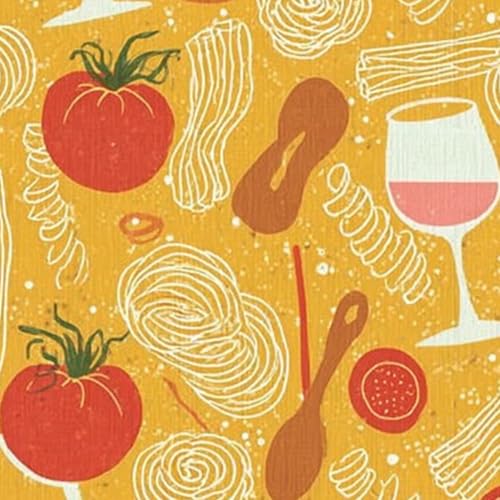 壁紙 45cm x 300cm 剥がせる イタリアンパスタとトマトのパターン、黄色い背景にワイングラス付き 多機能 防水/汚れ防止/防油 食器棚 クロ 玄関 ふすま紙 家具 部屋 DIY 賃貸OK