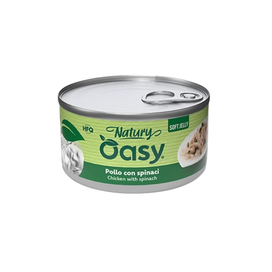 Oasy - Comida húmeda para gatos naturales con sabor a pollo con espinacas, suaves pelusas naturales de Soft Jelly para gatos adultos de todos los tamaños y razas | 24 latas de 85 gramos cada una.