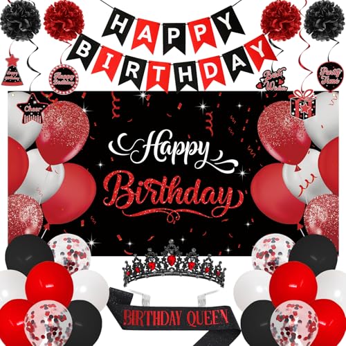 Image of Roetyce Red Birthday Decorations for Women, Black and Red Birthday Queen Sash & Crown Banner Backdrop Balloons Hanging Swirls Kit Gift for Her, Bday Party Backdrop Background