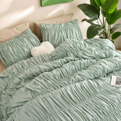 Image of weigelia Ruched Comforter Set King Size, 3 Piece Sage Green Ruffle Bedding Set with 2 King Pillowcases, Soft Fluffy Lightweight Polyester Comforter for Boho Bedroom Decor, All Season Bed Set