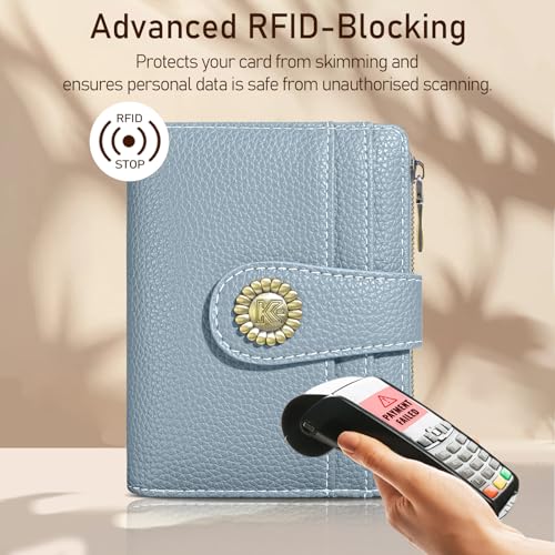Image of Kelvoris Small Rfid Women Wallet Bifold Zipper Coin Pocket Blue | PU Leather Compact Cash Credit Card Holder Travel Purse for Female Ladies Teen Girls 1 ID Window 10 Card Slots