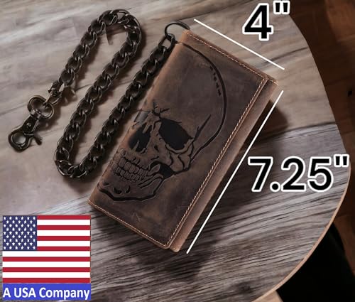 Image of F&L CLASSIC RFID Blocking Mens Tri-fold Long Style Cowhide Leather Steel Chain Wallet,brown distress with skull,212-70