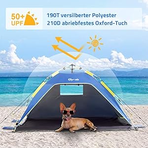 Glymnis Strandmuschel Quick Up Strandzelt Automatisches Strand Zelt mit Reißverschlusstür UV-Schutz 50+ Windschutz kleines Packmaß Strandzelt für 3 bis 4 Personen 4 Schnorchelmasken 51IzFfW4LDL. SS300 Quick Up: Automatischer Aufbau und einfacher Abbau. Nur 10 bis 60 Sekunden Aufbauzeit (Quick Up System), einfacher im Abbau als eine selbstaufbauende Pop Up Strandmuschel
UV-Schutz 50+: UV 50+ Sonnenschutz, ideal für den Urlaub mit Kindern am Meer (Hinweis: Sie müssen immer noch Sonnenschutzmittel auftragen)
Luftiges Design: Das Netzfenster an seinen 3 Wänden sorgt für eine ausgezeichnete Belüftung. Die linke Tür mit einem Reißverschluss kann zur Belüftung geöffnet werden, sorgen für Belüftung und kühle Zeit am Meer