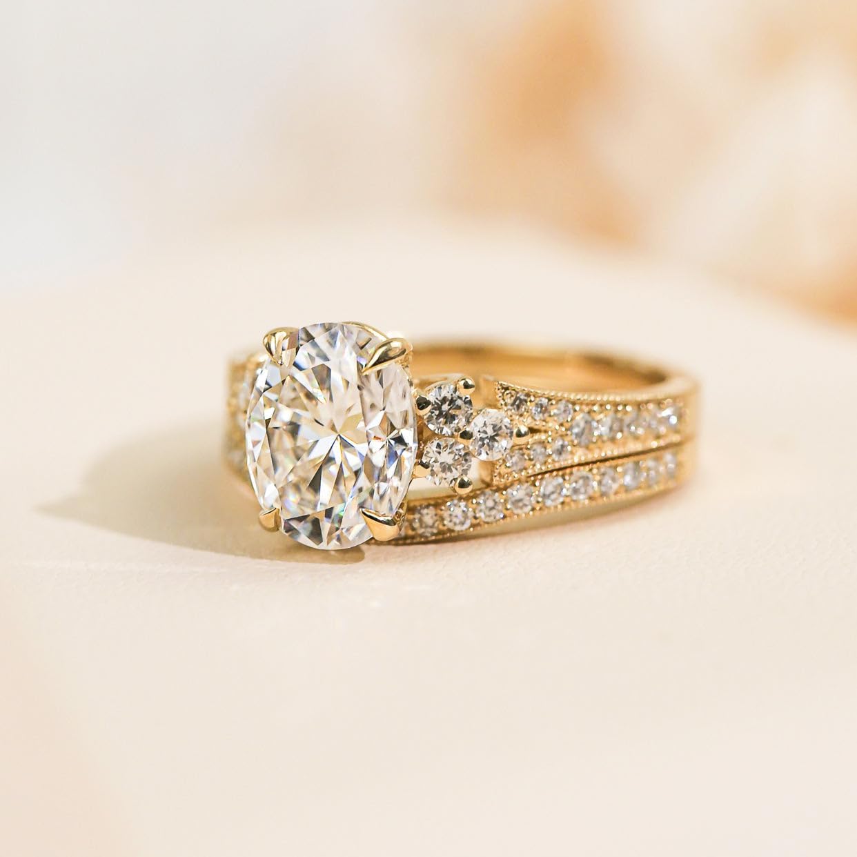 Kobelli Oval Moissanite and Diamond Interlaken Trellis Bridal Ring Set 14k Gold